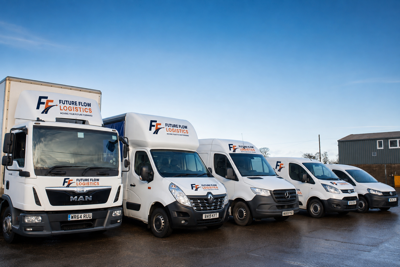 FutureFlow Logistics vans and box vehicles at the depot