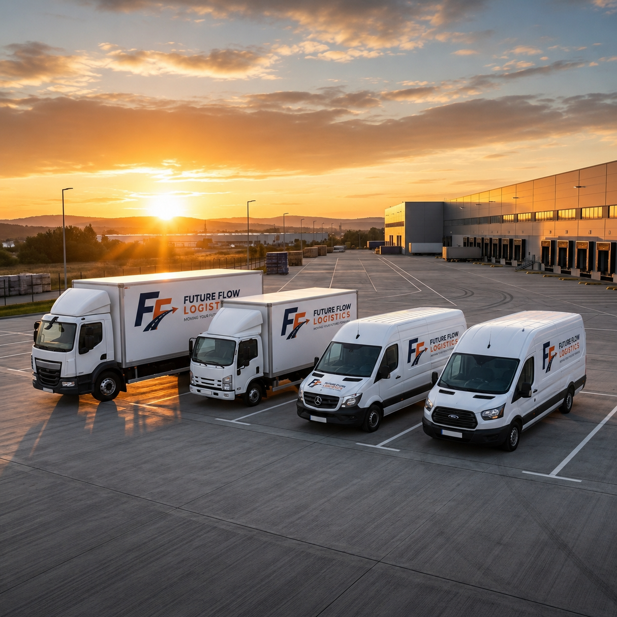 FutureFlow Logistics delivery fleet at a distribution site